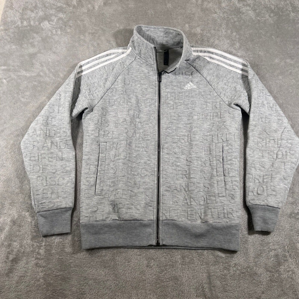 Adidas Track Jacket Mens Medium Gray Typography Tonal-Print Full Zip